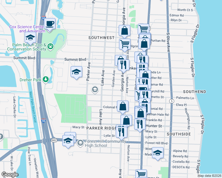 map of restaurants, bars, coffee shops, grocery stores, and more near 714 Highland Drive in West Palm Beach