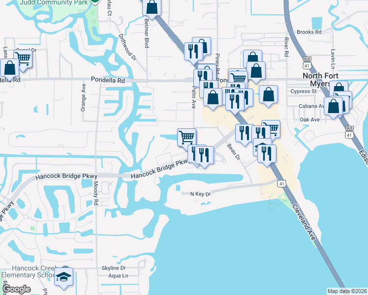 map of restaurants, bars, coffee shops, grocery stores, and more near C Marinatown Lane in North Fort Myers