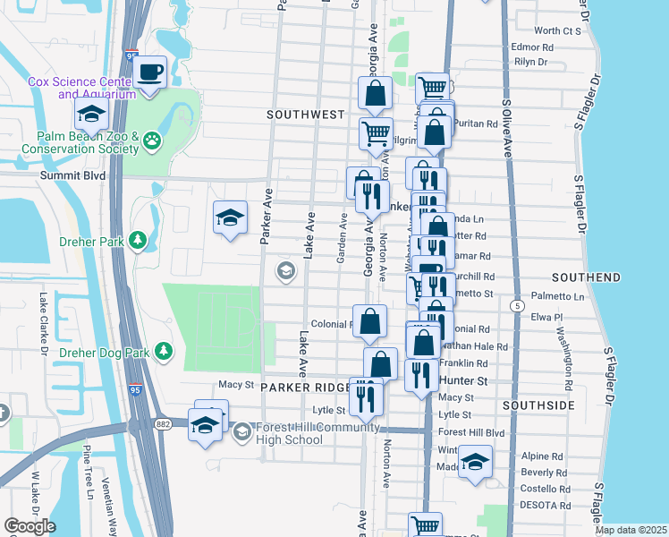 map of restaurants, bars, coffee shops, grocery stores, and more near 714 Highland Drive in West Palm Beach