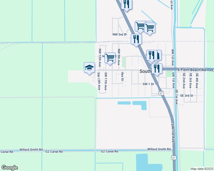 map of restaurants, bars, coffee shops, grocery stores, and more near 225 Southwest 11th Avenue in South Bay