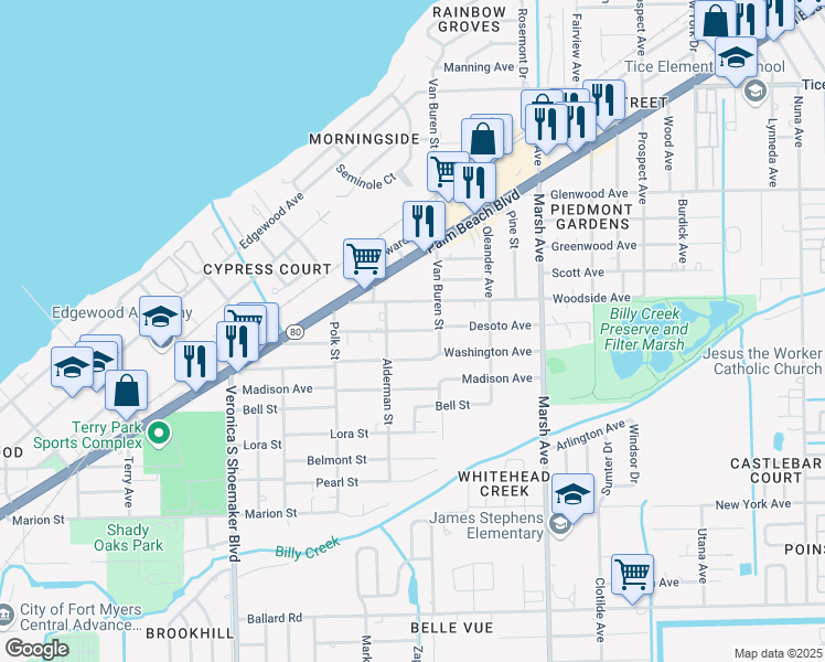 map of restaurants, bars, coffee shops, grocery stores, and more near 3942 Desoto Avenue in Fort Myers