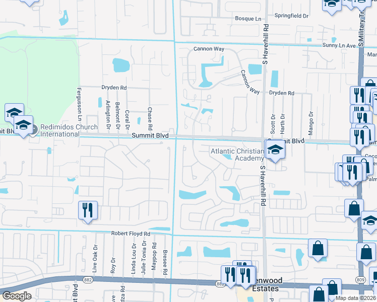 map of restaurants, bars, coffee shops, grocery stores, and more near 1036 Summit Pines Boulevard in West Palm Beach