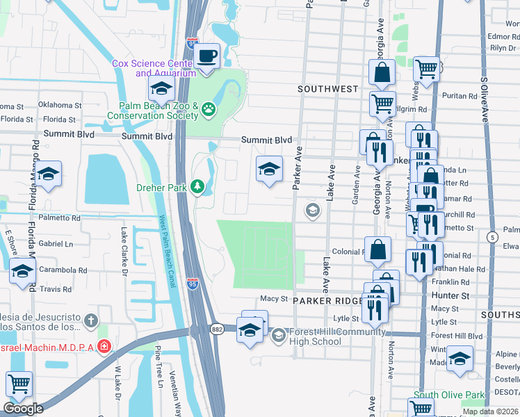 map of restaurants, bars, coffee shops, grocery stores, and more near 935 Churchill Road in West Palm Beach