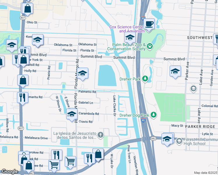 map of restaurants, bars, coffee shops, grocery stores, and more near 922 South Patrick Circle in West Palm Beach