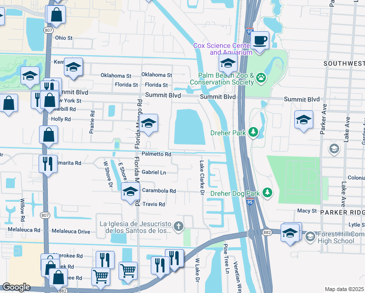 map of restaurants, bars, coffee shops, grocery stores, and more near 922 South Patrick Circle in West Palm Beach