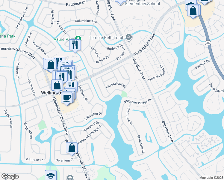 map of restaurants, bars, coffee shops, grocery stores, and more near 13473 Northumberland Circle in Wellington