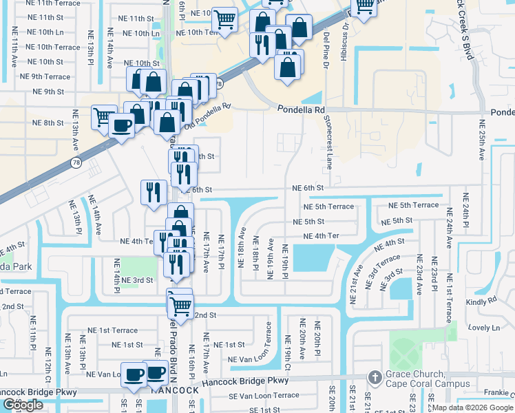 map of restaurants, bars, coffee shops, grocery stores, and more near 1812 Northeast 6th Street in Cape Coral