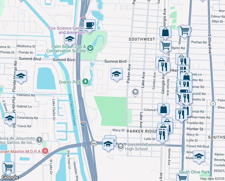 map of restaurants, bars, coffee shops, grocery stores, and more near 935 Churchill Road in West Palm Beach