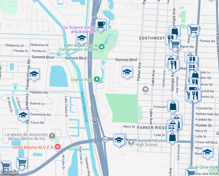 map of restaurants, bars, coffee shops, grocery stores, and more near 5807 Churchill Circle West in West Palm Beach