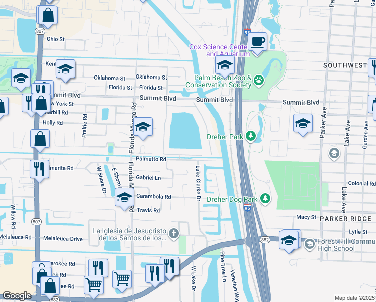 map of restaurants, bars, coffee shops, grocery stores, and more near 922 South Patrick Circle in West Palm Beach