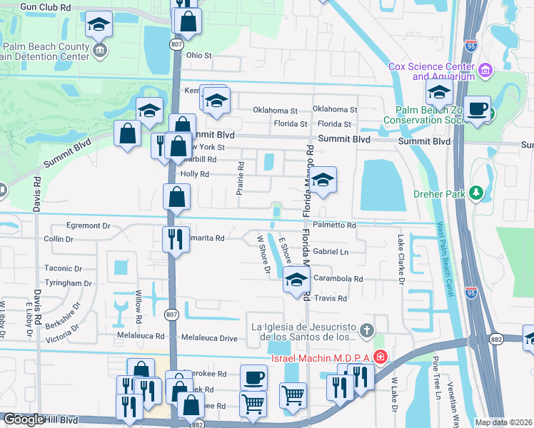 map of restaurants, bars, coffee shops, grocery stores, and more near 2645 Flamango Lake Drive in West Palm Beach