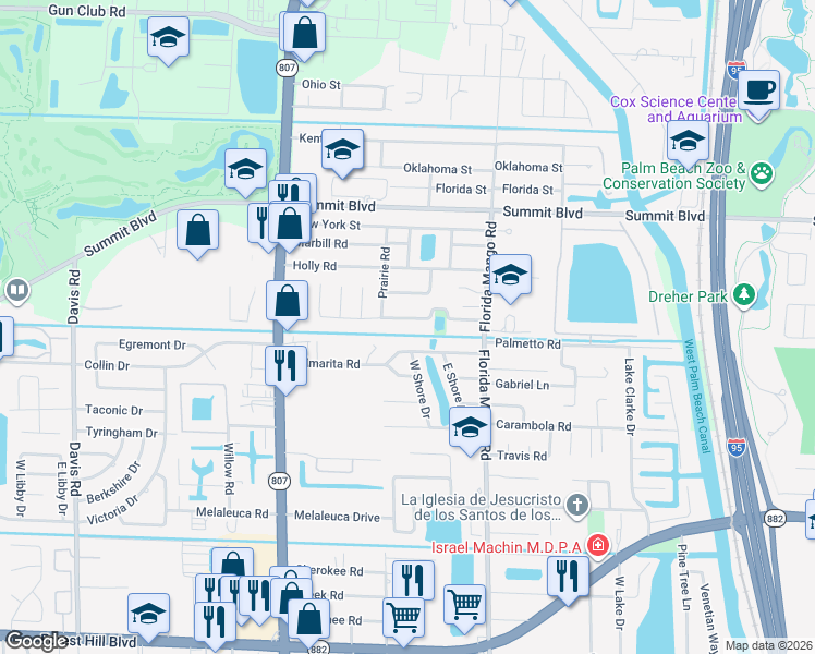 map of restaurants, bars, coffee shops, grocery stores, and more near 2711 Flamango Lake Drive in West Palm Beach