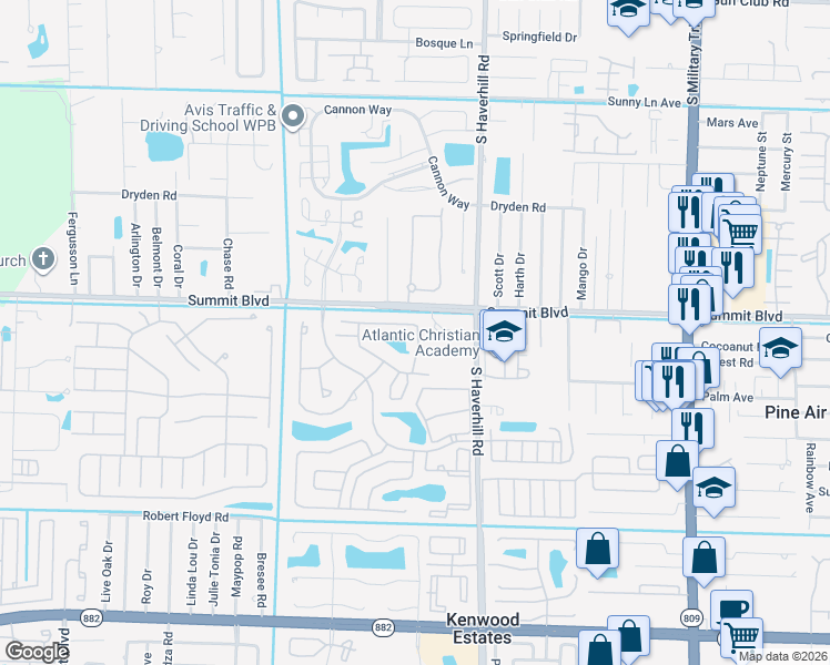 map of restaurants, bars, coffee shops, grocery stores, and more near 1056 Summit Trail Circle in West Palm Beach