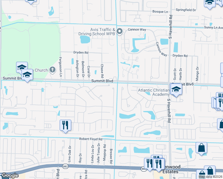 map of restaurants, bars, coffee shops, grocery stores, and more near 1058 Winding Rose Way in West Palm Beach