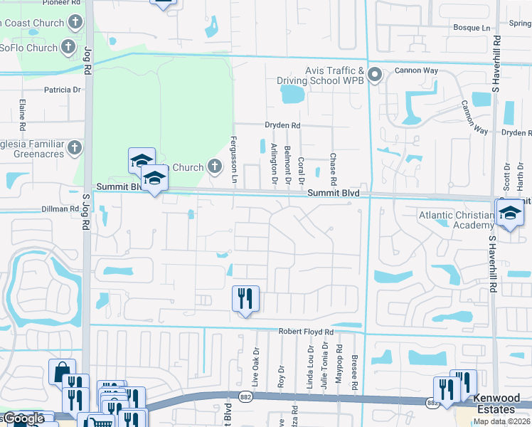 map of restaurants, bars, coffee shops, grocery stores, and more near 5797 Cassandra Court in West Palm Beach