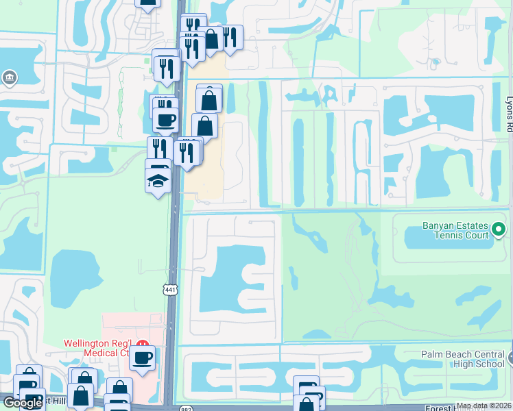 map of restaurants, bars, coffee shops, grocery stores, and more near 958 Whippoorwill Way in West Palm Beach