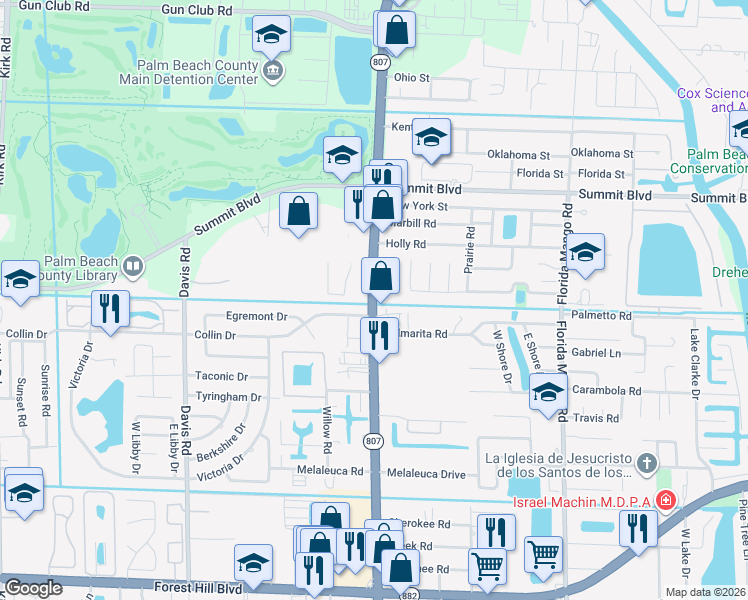 map of restaurants, bars, coffee shops, grocery stores, and more near South Congress Avenue in West Palm Beach