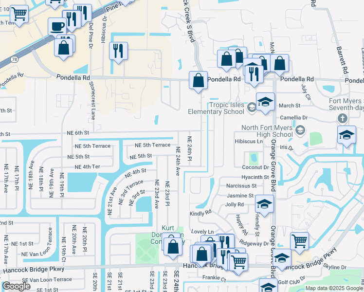 map of restaurants, bars, coffee shops, grocery stores, and more near 511 Northeast 24th Avenue in Cape Coral