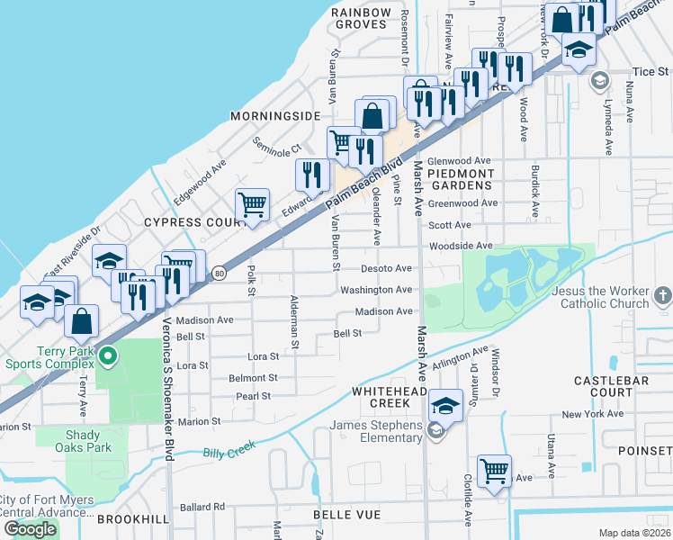 map of restaurants, bars, coffee shops, grocery stores, and more near 827 Van Buren Street in Fort Myers