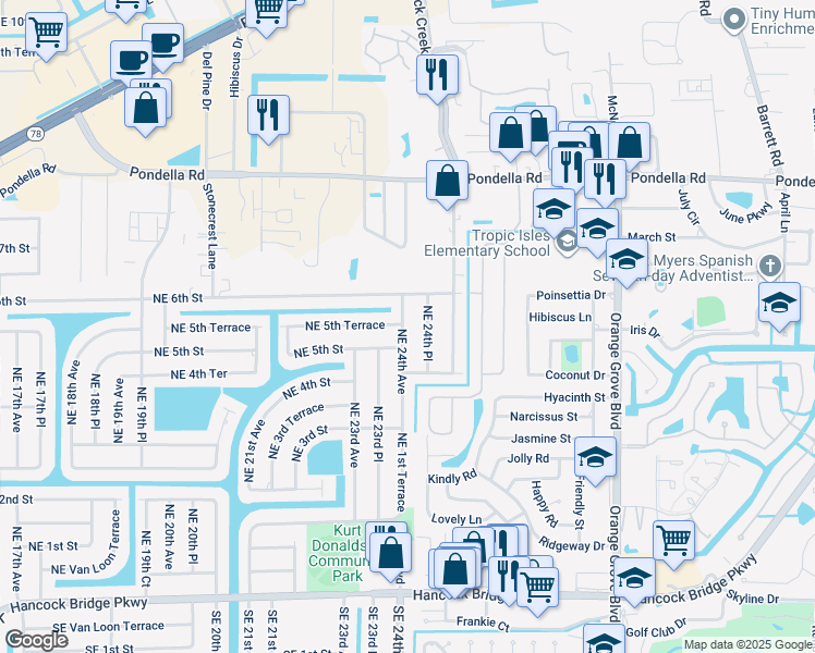 map of restaurants, bars, coffee shops, grocery stores, and more near 517 Northeast 24th Avenue in Cape Coral