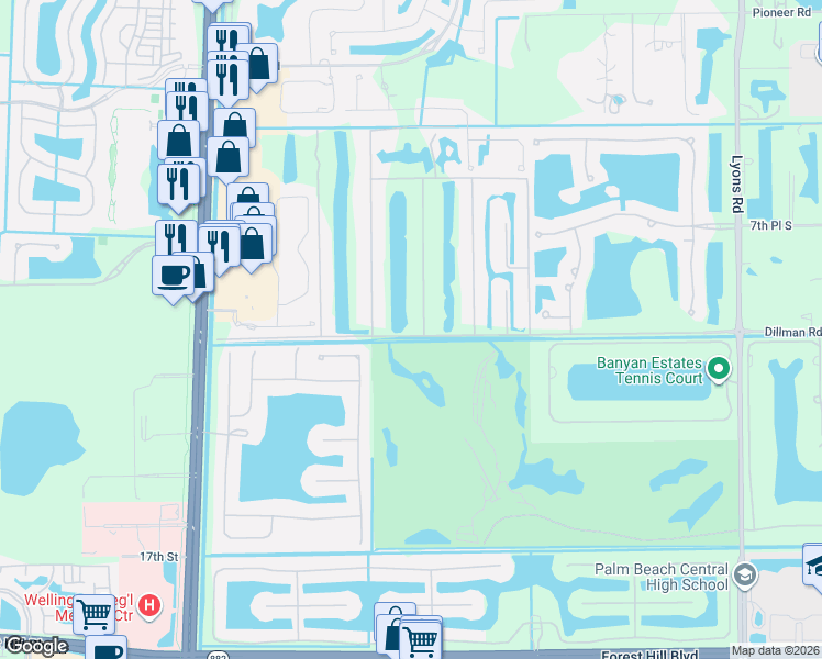 map of restaurants, bars, coffee shops, grocery stores, and more near 965 Whippoorwill Terrace in West Palm Beach