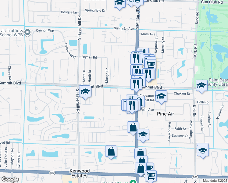 map of restaurants, bars, coffee shops, grocery stores, and more near 4642 Summit Boulevard in West Palm Beach