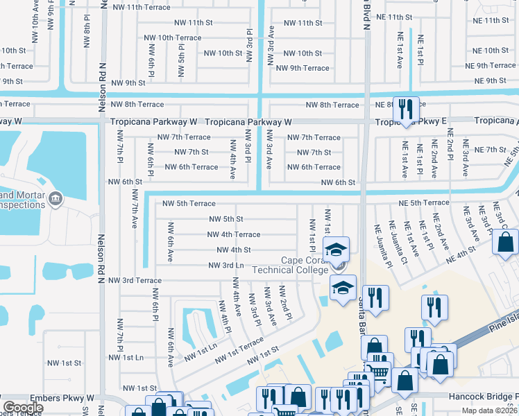 map of restaurants, bars, coffee shops, grocery stores, and more near 306 Northwest 5th Terrace in Cape Coral
