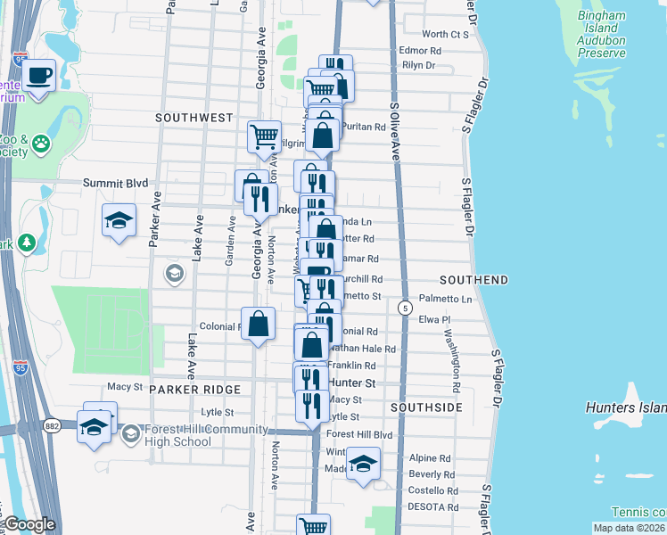 map of restaurants, bars, coffee shops, grocery stores, and more near 382 Ellamar Road in West Palm Beach