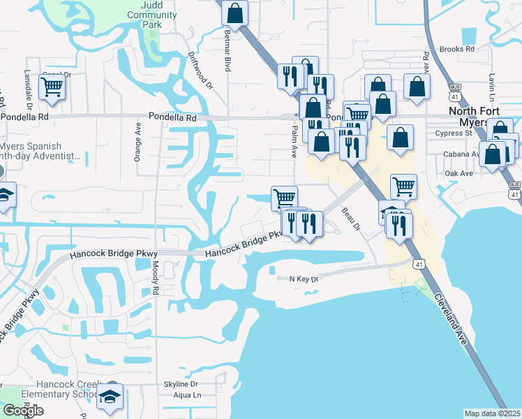 map of restaurants, bars, coffee shops, grocery stores, and more near C Marinatown Lane in North Fort Myers