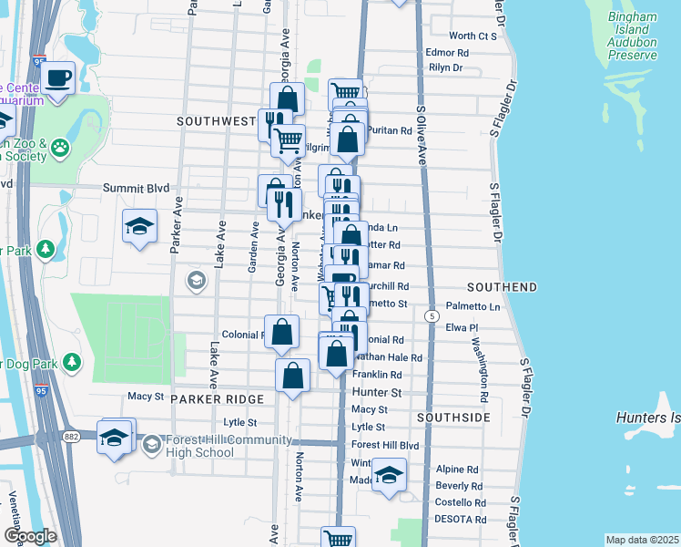 map of restaurants, bars, coffee shops, grocery stores, and more near 417 Revere Road in West Palm Beach