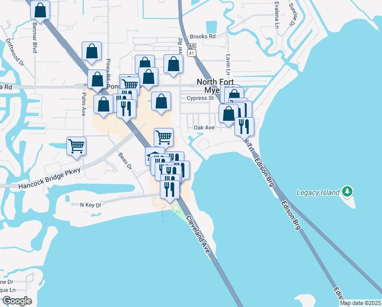 map of restaurants, bars, coffee shops, grocery stores, and more near 1069 River Road in North Fort Myers