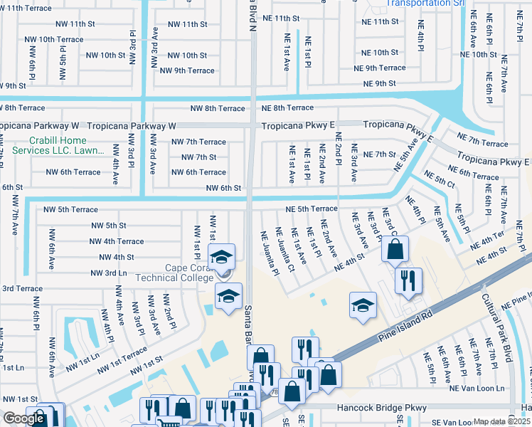 map of restaurants, bars, coffee shops, grocery stores, and more near 9 Northeast 5th Terrace in Cape Coral