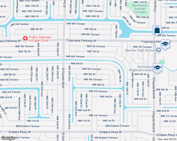 map of restaurants, bars, coffee shops, grocery stores, and more near 2212 Northwest 5th Terrace in Cape Coral
