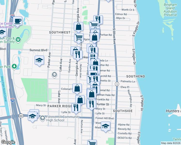 map of restaurants, bars, coffee shops, grocery stores, and more near 417 Revere Road in West Palm Beach