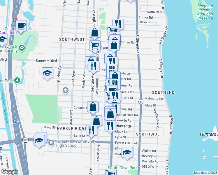map of restaurants, bars, coffee shops, grocery stores, and more near 416 Revere Road in West Palm Beach
