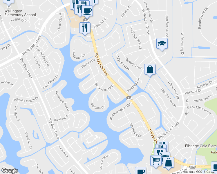 map of restaurants, bars, coffee shops, grocery stores, and more near 1222 Block Island Road in Wellington