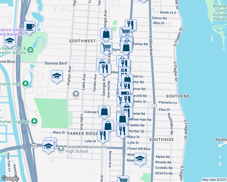 map of restaurants, bars, coffee shops, grocery stores, and more near 525 Revere Road in West Palm Beach