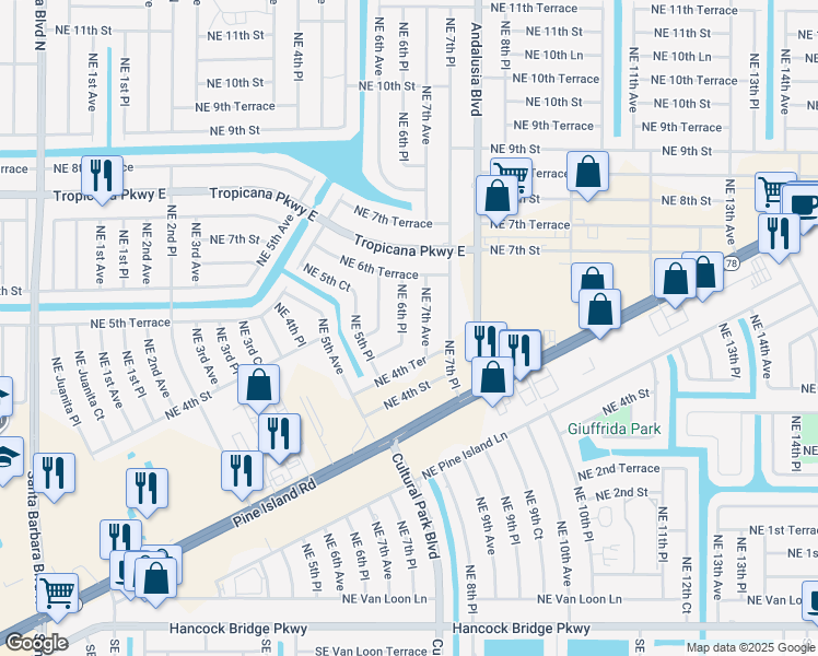 map of restaurants, bars, coffee shops, grocery stores, and more near 511 Northeast 6th Place in Cape Coral