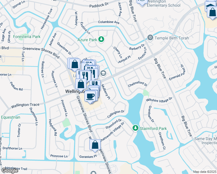 map of restaurants, bars, coffee shops, grocery stores, and more near 1025 Staghorn Street in Wellington