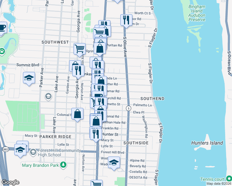 map of restaurants, bars, coffee shops, grocery stores, and more near 340 Ellamar Road in West Palm Beach