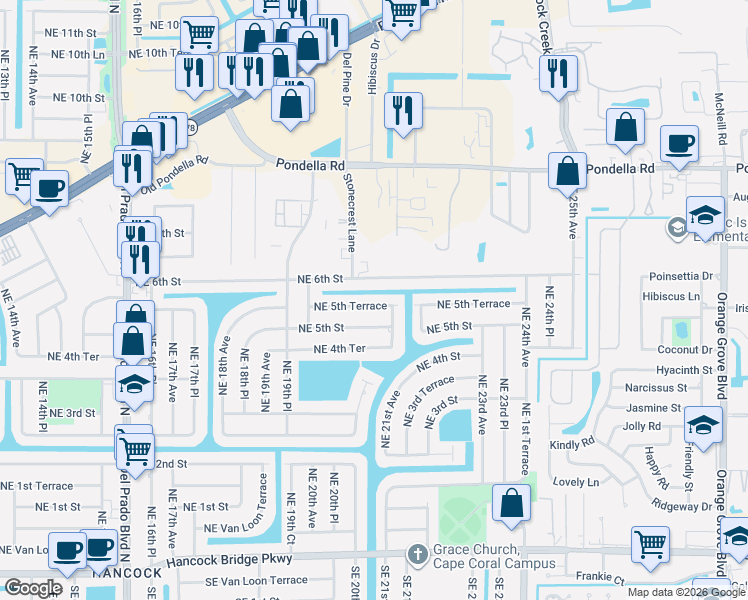 map of restaurants, bars, coffee shops, grocery stores, and more near 2043 Northeast 5th Terrace in Cape Coral