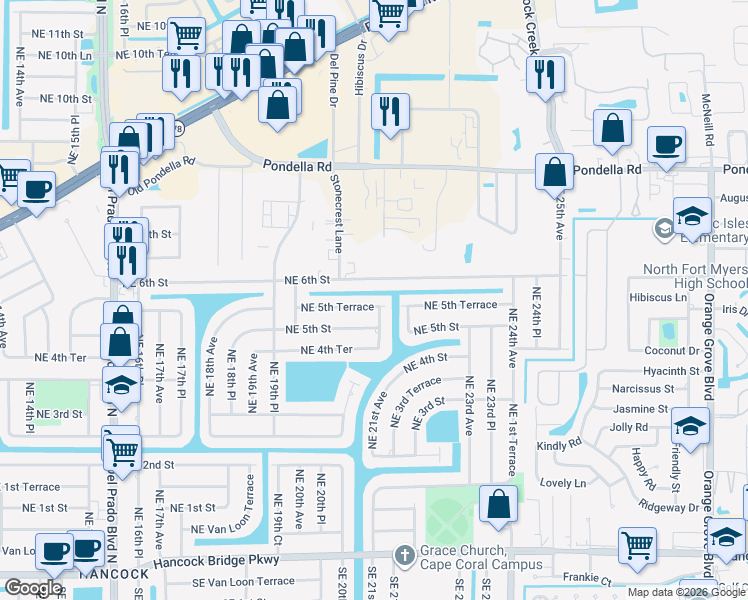 map of restaurants, bars, coffee shops, grocery stores, and more near 2043 Northeast 5th Terrace in Cape Coral