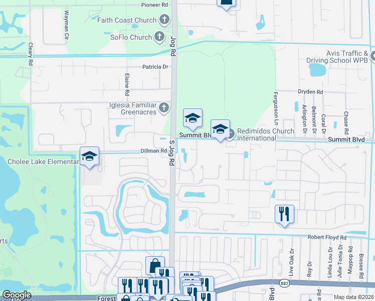 map of restaurants, bars, coffee shops, grocery stores, and more near 1010 Parkside Green Drive in Greenacres