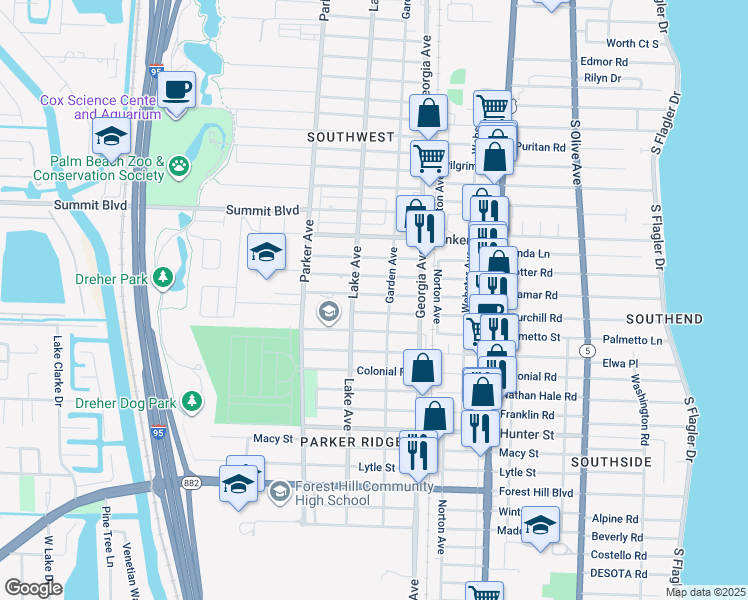 map of restaurants, bars, coffee shops, grocery stores, and more near 714 Highland Drive in West Palm Beach