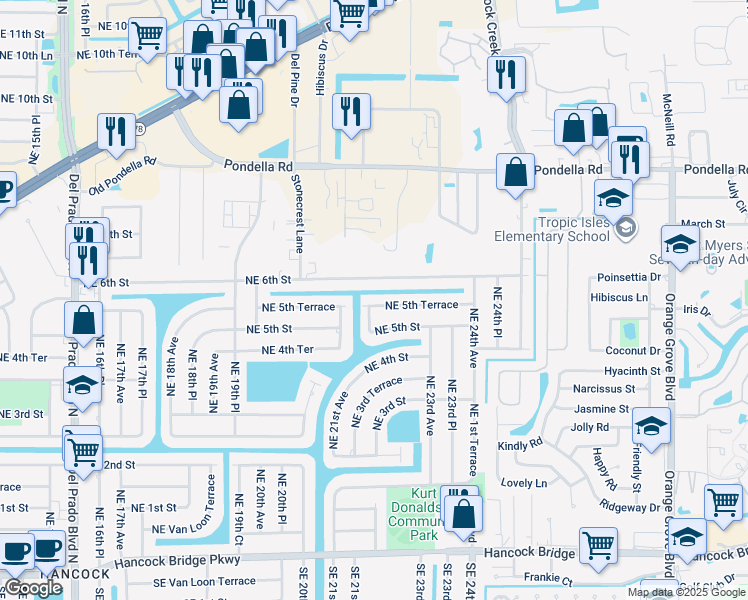 map of restaurants, bars, coffee shops, grocery stores, and more near 2119 Northeast 5th Terrace in Cape Coral