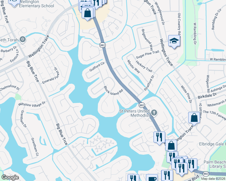 map of restaurants, bars, coffee shops, grocery stores, and more near 1296 Rowayton Circle in Wellington