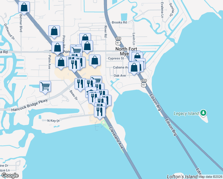 map of restaurants, bars, coffee shops, grocery stores, and more near 1073 River Road in North Fort Myers