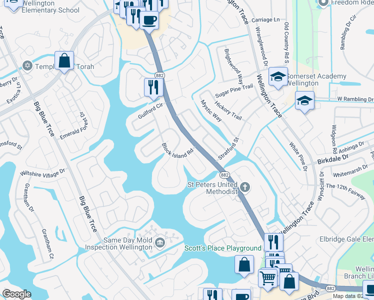 map of restaurants, bars, coffee shops, grocery stores, and more near 1222 Block Island Road in Wellington