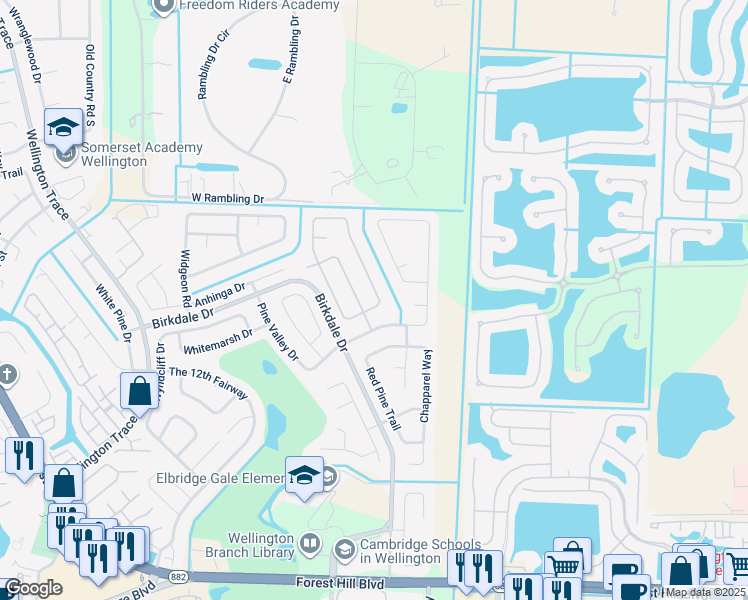 map of restaurants, bars, coffee shops, grocery stores, and more near 1283 Larch Way in Wellington