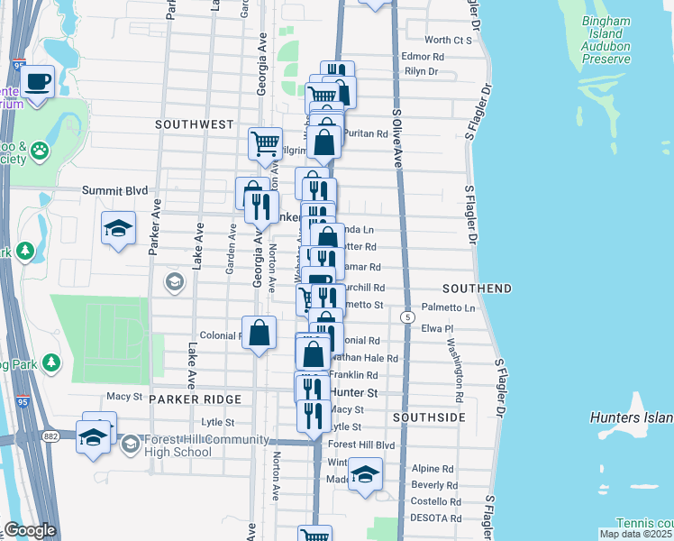 map of restaurants, bars, coffee shops, grocery stores, and more near 382 Ellamar Road in West Palm Beach
